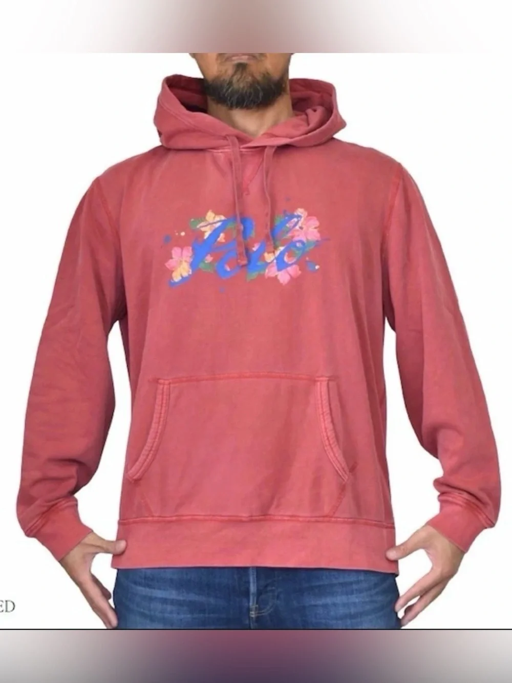 POLO Ralph Lauren Tropical painted Floral script Logo Fleece Hoodie Size Large